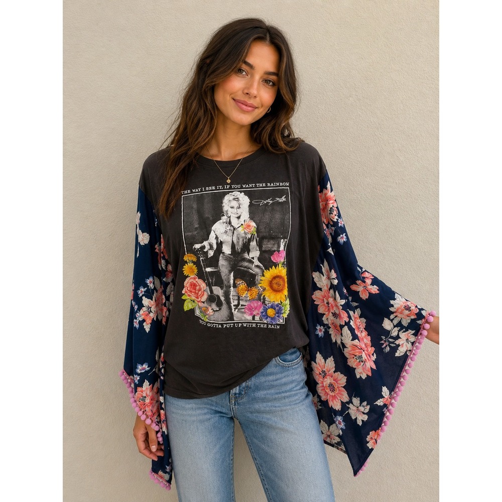 Dolly Parton Graphic Tee Kimono Floral Sleeve Pom Pom Trim Charcoal Grey Top O/S